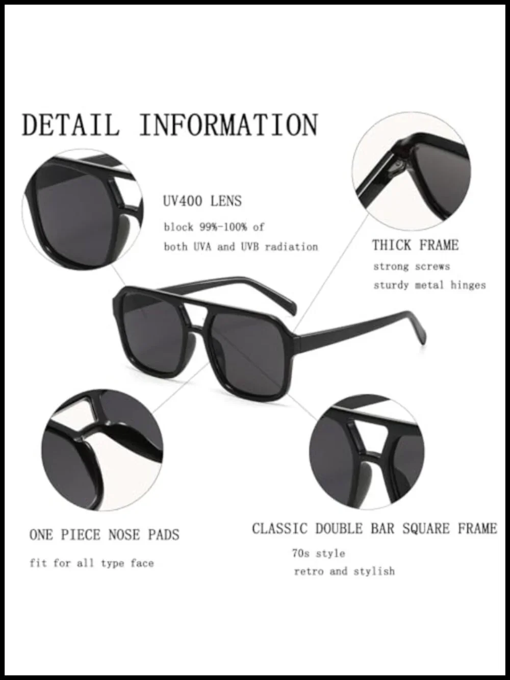 Retro Aviator Sunglasses UV400 Protection Double Bridge Square Frame